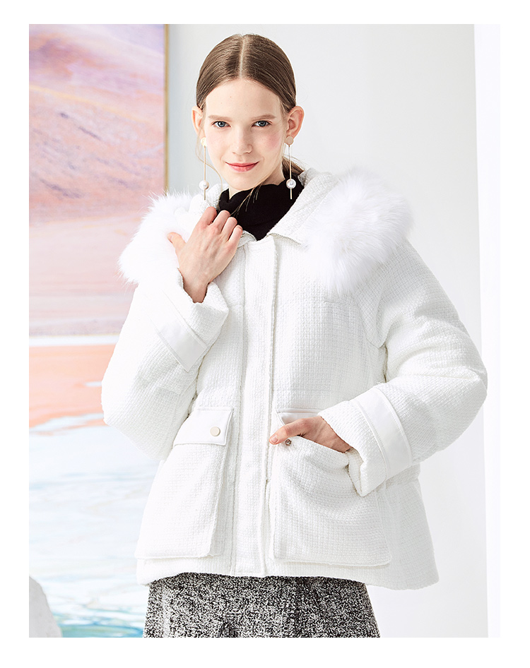 糖力2018冬季新款白色欧美连帽毛领90白鸭绒羽绒服女宽松保暖外套