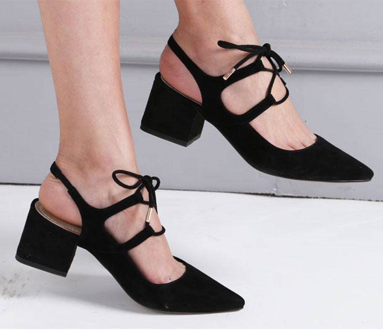艾琳露 2016夏款尖头粗跟系带包头凉鞋时尚气质显白中跟真皮淑女鞋