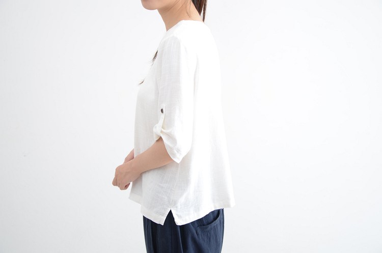 
                                        VIVIWILL 棉麻短袖T恤女夏 2017新款圆领大码宽松显瘦森女短袖上衣 白色 均码                