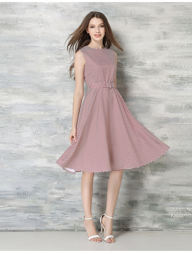 心瘾2016夏装新款韩版修身显瘦中长款无袖圆领条纹a字裙 6553 红色 s