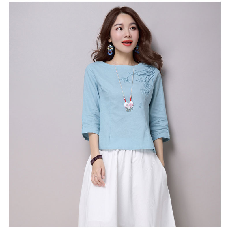 子牧棉麻夏季新款民族风素麻刺绣七分袖棉麻t恤女上衣5104白色l