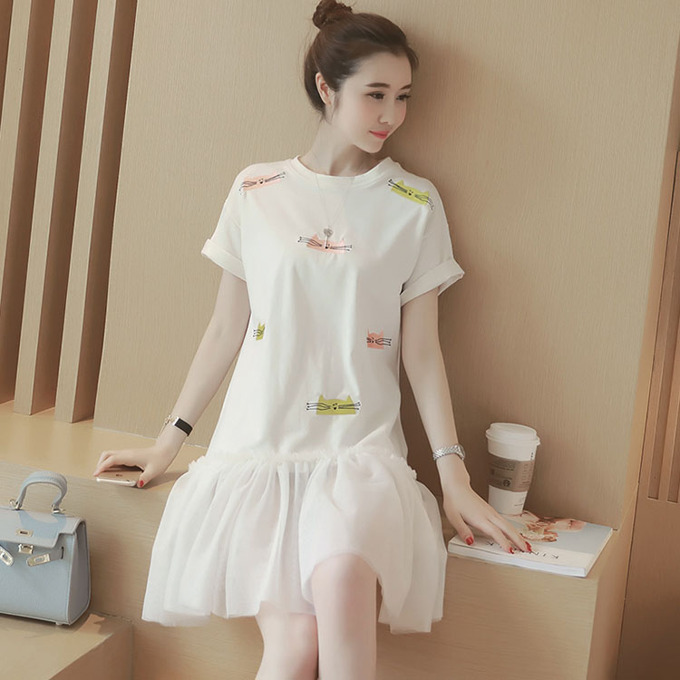 佐恩卡特2016新款猫咪刺绣网纱拼接连衣裙宽松圆领短袖白色裙子夏装