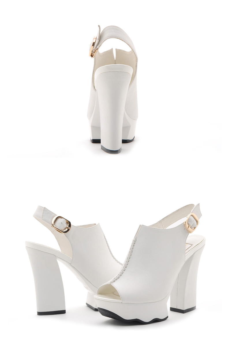 莫蕾蔻蕾 夏天女鞋英伦高跟鱼嘴鞋波纹底防水台白色女凉鞋 白色 34