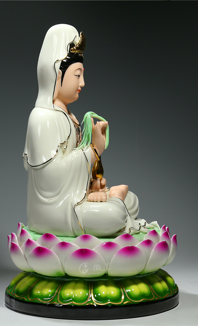 德化陶瓷多尺吋笑脸观音佛像供奉家用观世音菩萨摆件白衣彩绘 白衣