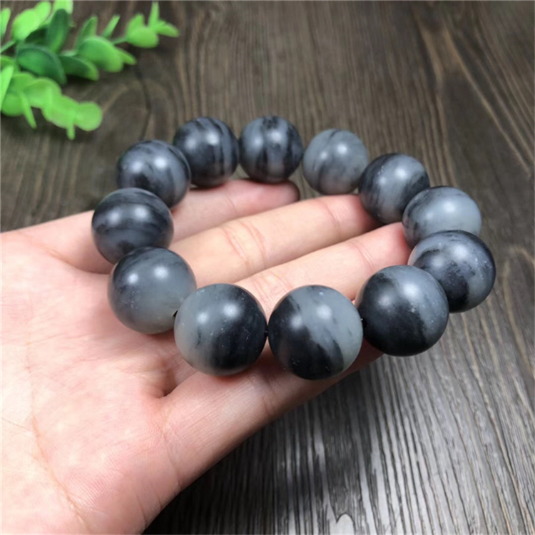 湦水饰阁 和田玉青花籽料玉石圆珠手链单圈手串男女款手环手饰礼物