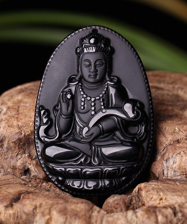 玉森林 黑曜石普贤菩萨 磨砂款男女款吊坠 黑曜石珠链