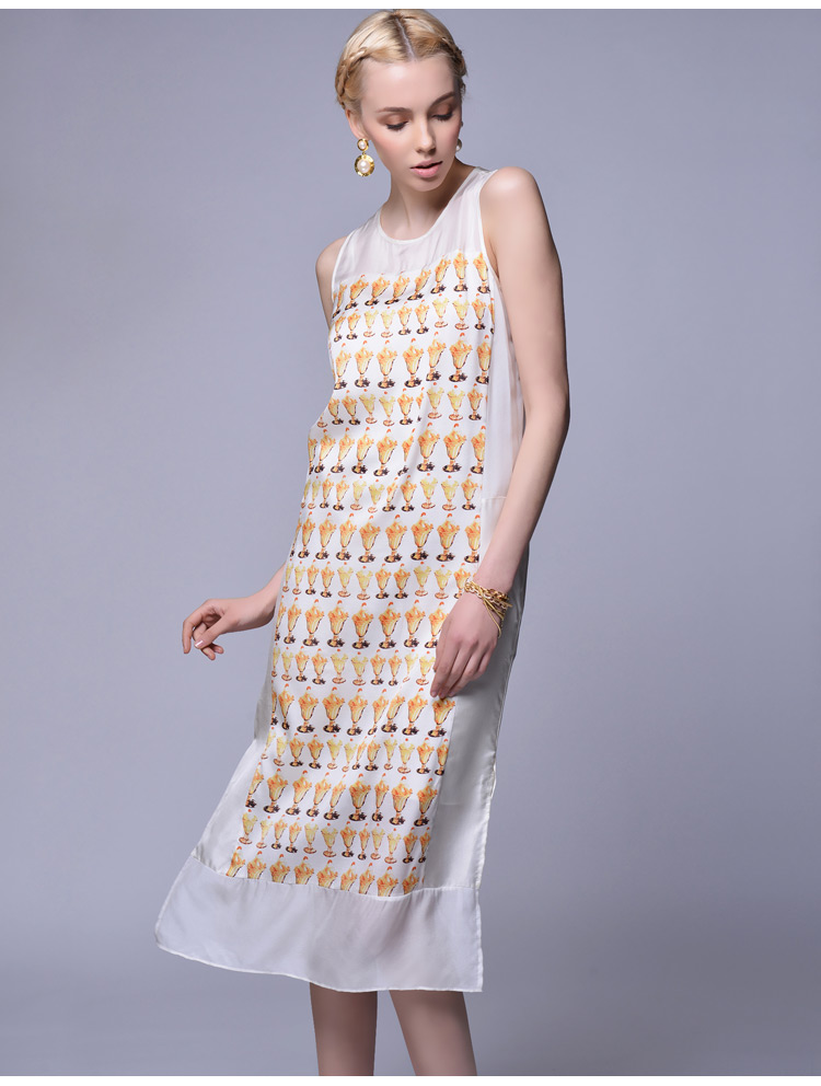 珍贝桑蚕丝真丝连衣裙1953圆领无袖印花长裙薄2016夏季新品女装 花色