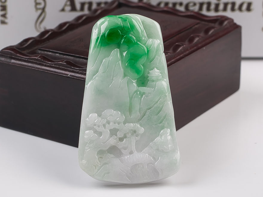 冰芝玉翡翠珠宝 白底青山水牌 17.25g