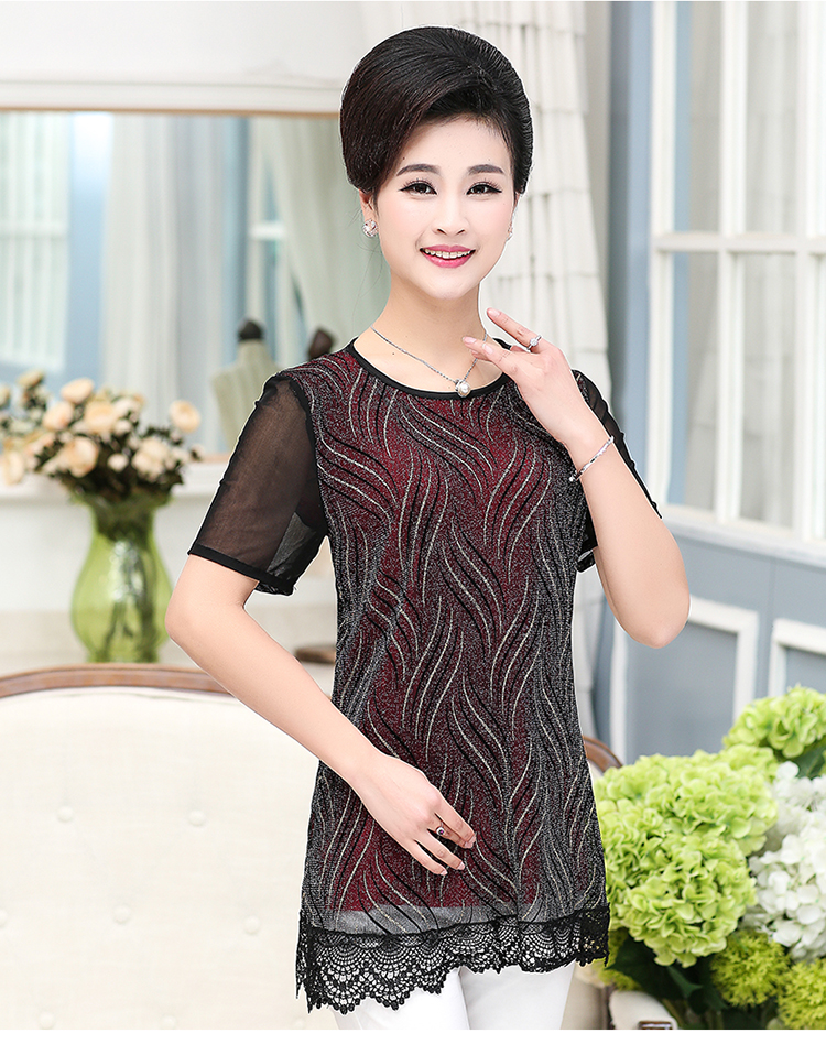 意璟阁 中老年女装夏妈妈装时尚优印花雅蕾丝拼接修身舒适短袖女士t恤