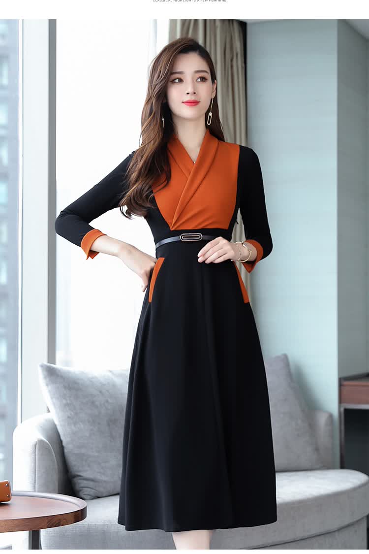 fubixian 长袖连衣裙中长款秋季女装新款韩版气质修身收腰过膝长裙