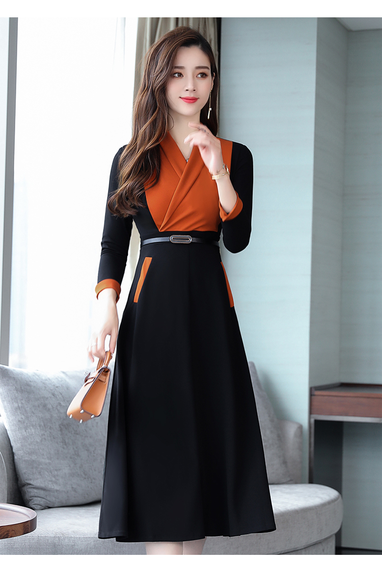 fubixian 长袖连衣裙中长款秋季女装新款韩版气质修身收腰过膝长裙