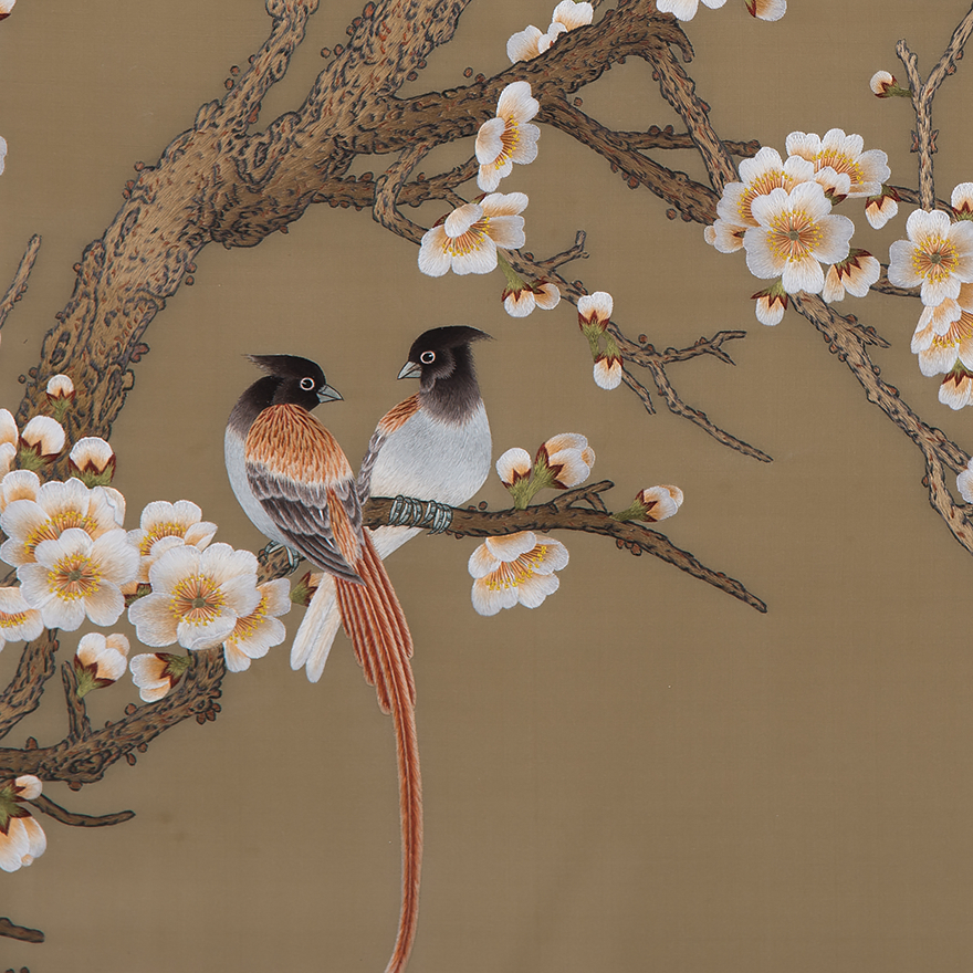 工艺品 刺绣 苏工纯手工卢宝棋苏绣真丝 绸缎《鸟语花香》细平针 【天