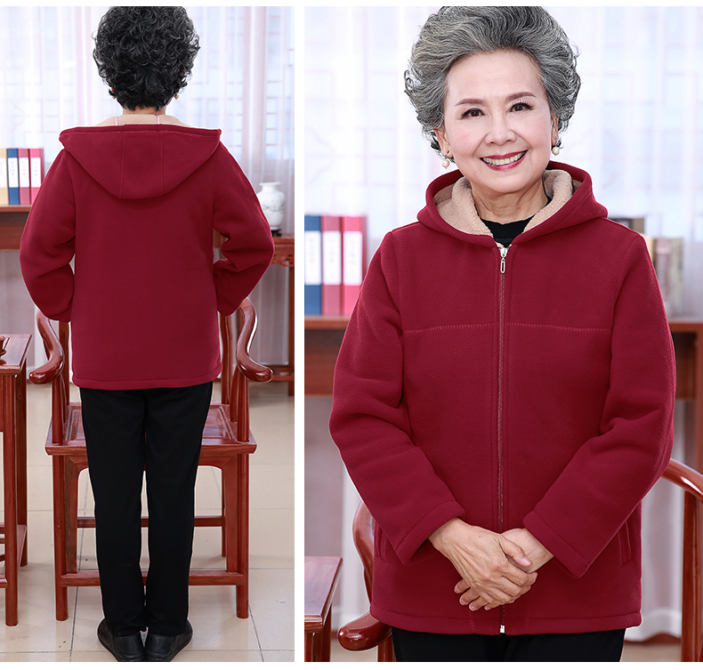 奉孝妈妈装秋冬新款中老年人女装外套摇粒绒连帽卫衣老人衣服加厚奶奶