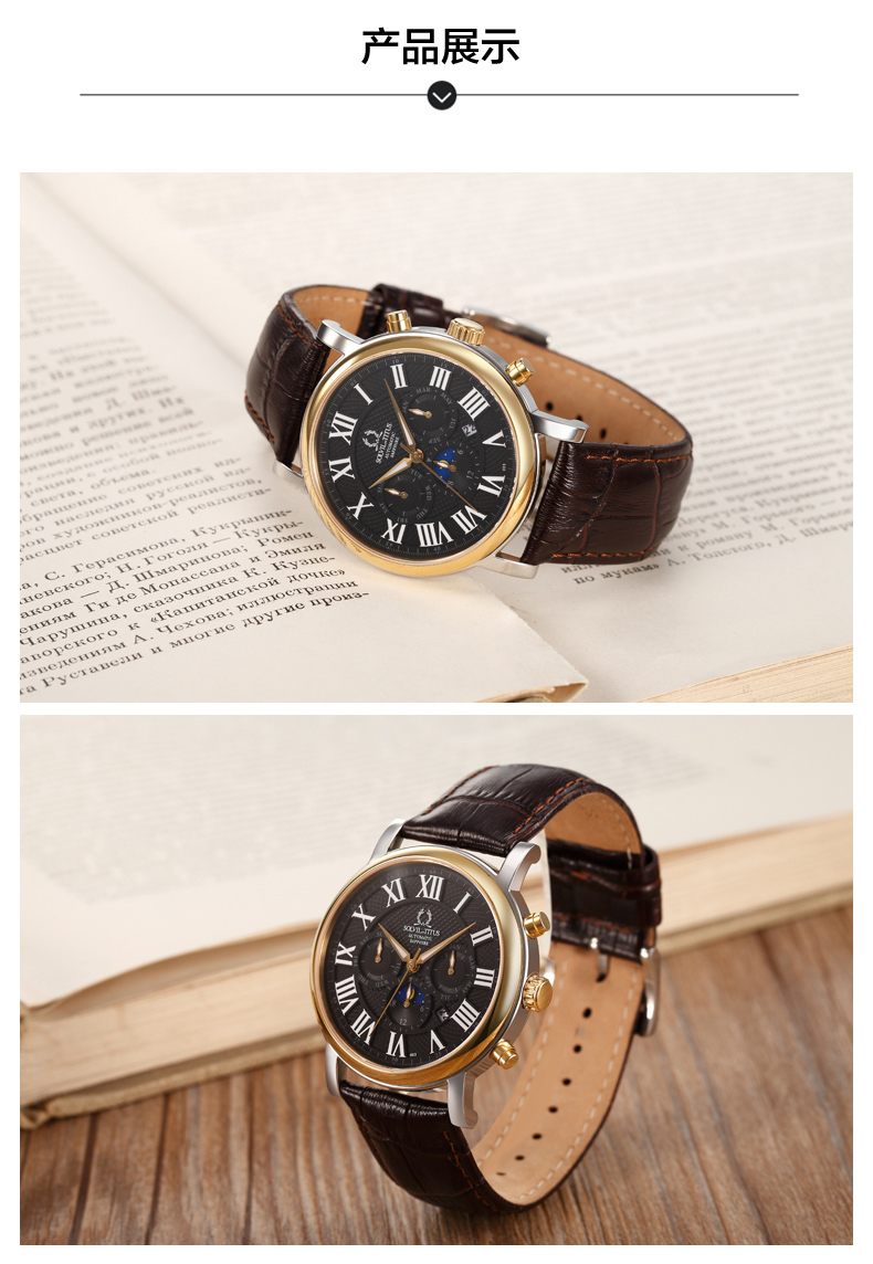 titus铁达时 天长地久系列复古金色多功能商务自动机械男表06-2728