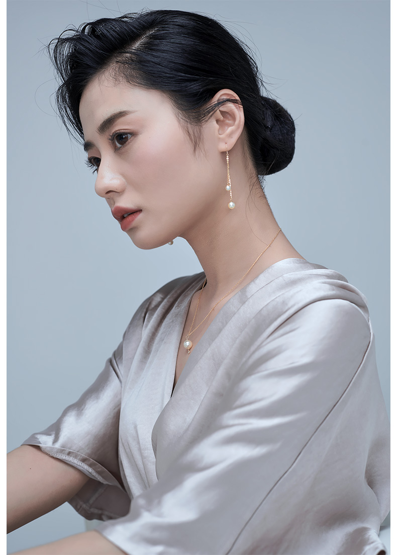 海蒂珠宝 珍珠耳环 浅金色akoya海水珍珠 18k金耳线 送女友 夕夏 4.