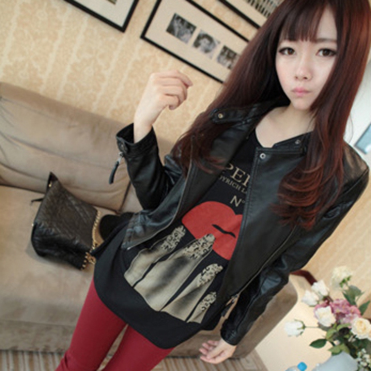 斯番陈 皮衣女短款修身2014秋装新款女装 欧美显瘦修身机车服小皮衣 长袖短款皮夹克外套潮 黑色 M