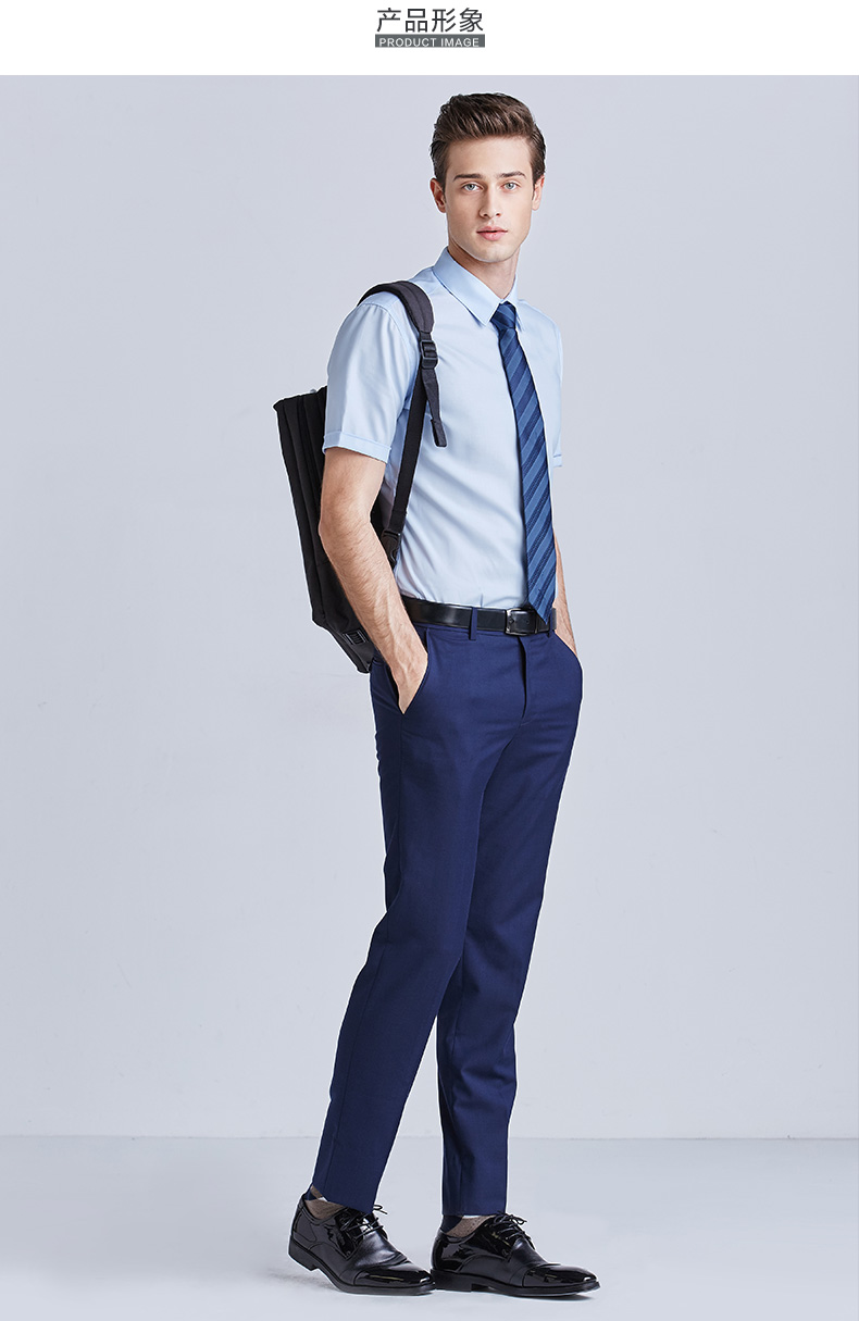 职业门 韩版男装2016夏男士蓝色短袖衬衫 薄款弹力休闲纯色短衬衣