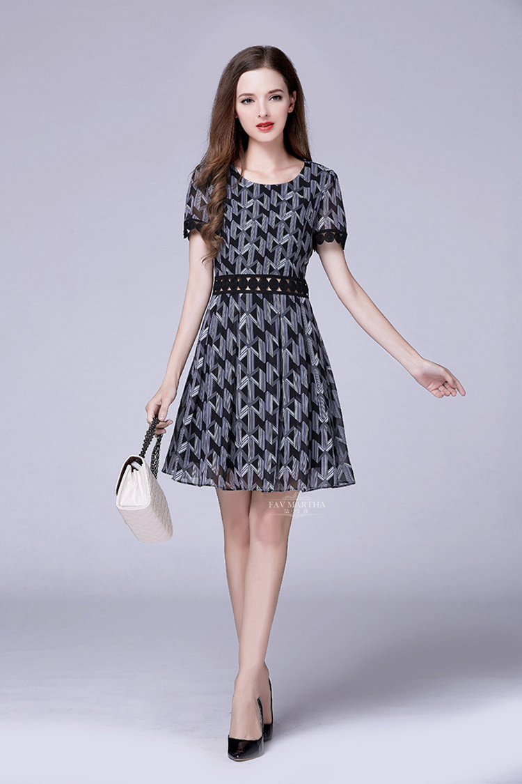 法玛莎短袖连衣裙2016夏季新款女装欧美印花雪纺拼接修身a字裙短款