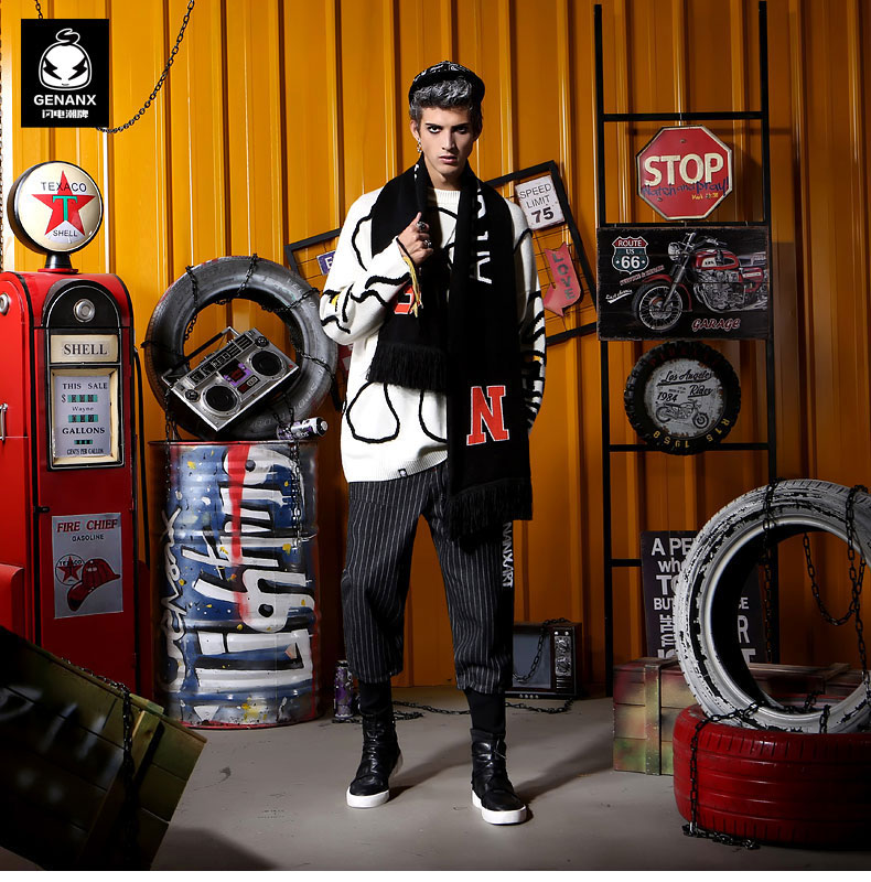 genanx闪电潮牌围巾男学生潮流情侣民族风流苏双面围脖 黑色