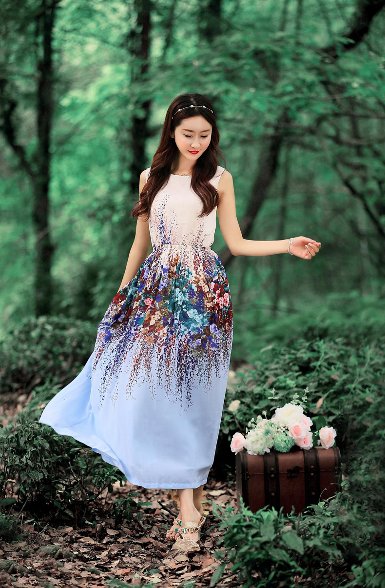 落雁莎 2016春夏季波西米亚长裙海边度假碎花连衣裙女雪纺长裙女 蓝色