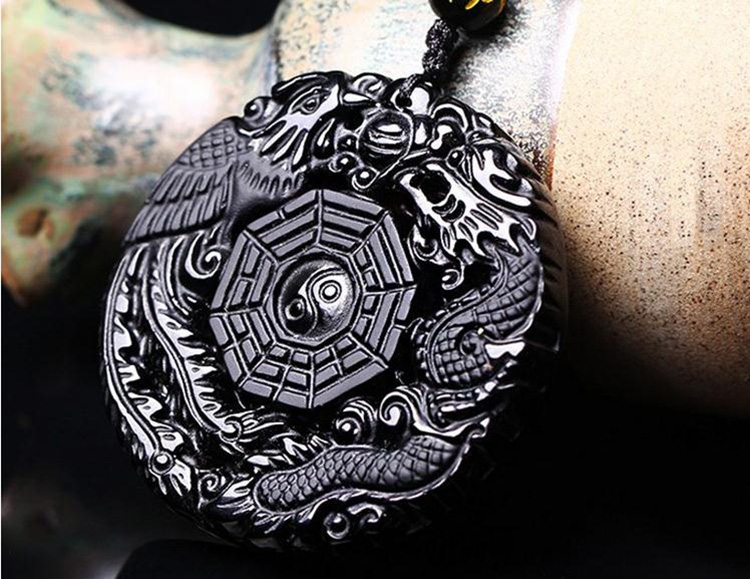 芙雅格 黑曜石龙凤八卦吊坠 男女情侣款吊坠项链 普通绳