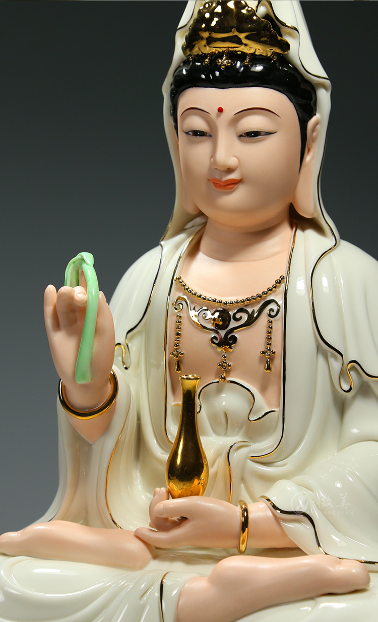 尺吋笑脸观音佛像供奉家用观世音菩萨摆件白衣彩绘 白衣观音描金彩绘