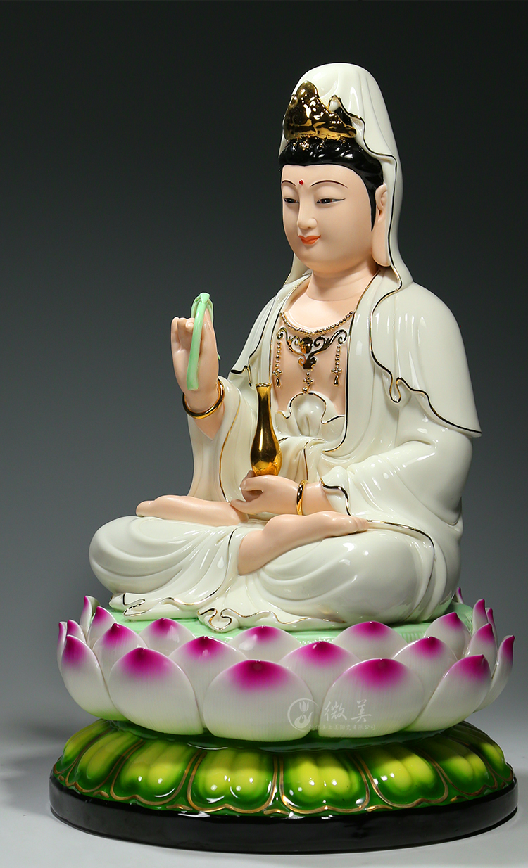 尺吋笑脸观音佛像供奉家用观世音菩萨摆件白衣彩绘 白衣观音描金彩绘