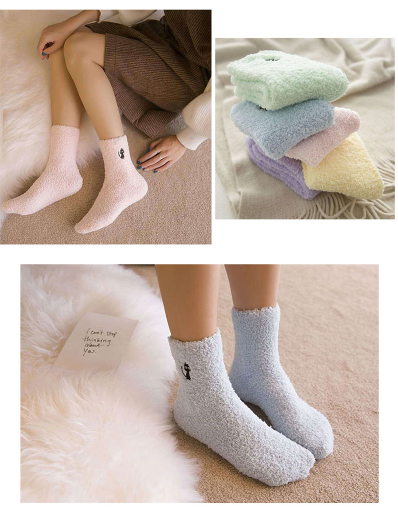 5双装 刺绣珊瑚绒女袜加厚保暖地板袜睡眠袜月子袜毛绒袜子中筒 小熊