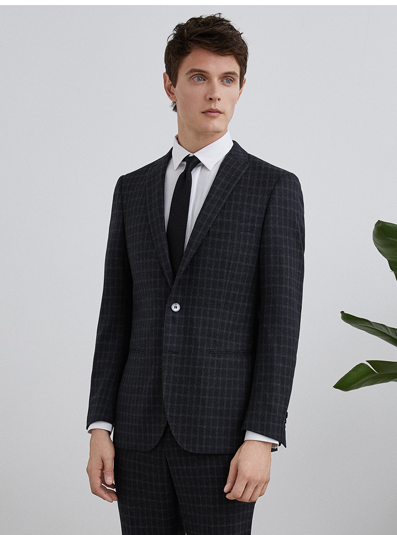 lampo蓝豹男西上装商务两粒扣超修身深灰色绒面隐格纯羊毛外套西装男