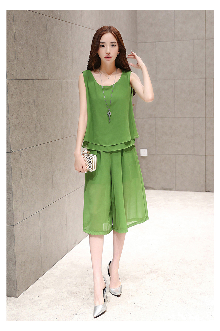 慧凰夏装时尚休闲套装女宽松雪纺上衣七分阔腿裤两件套d4 绿色 xxl