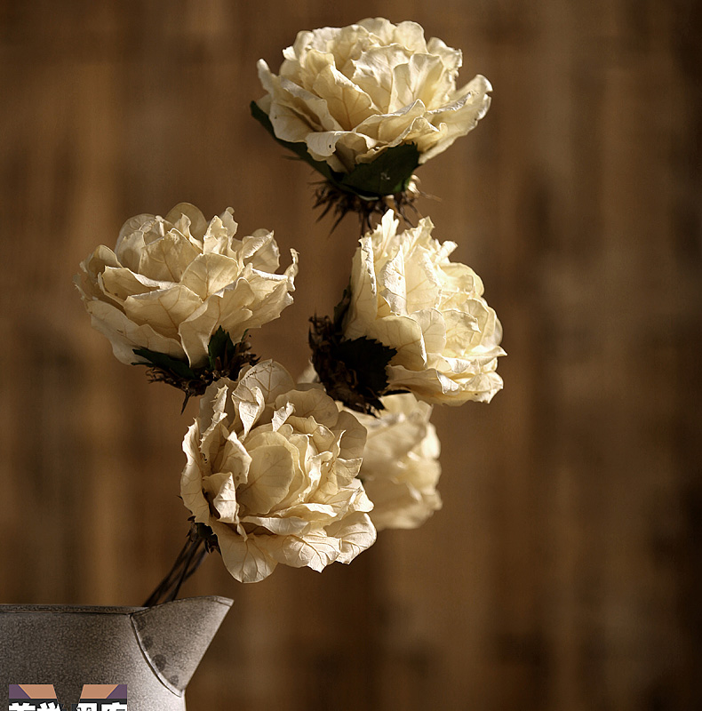 美学黑客 月季干花 装饰花客厅落地仿真花欧式干花花束单枝假花 米色