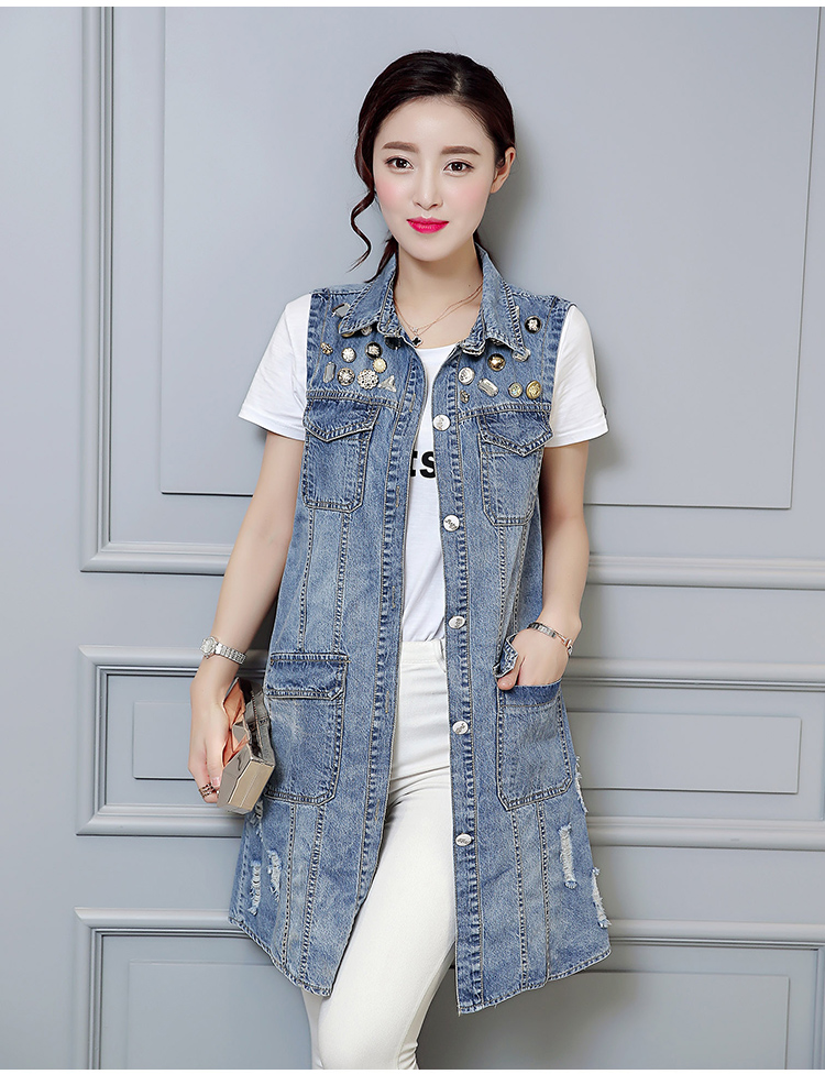 帕卡姿贝 2016夏季女装高档牛仔背心外套新款韩版时尚印花牛仔中长