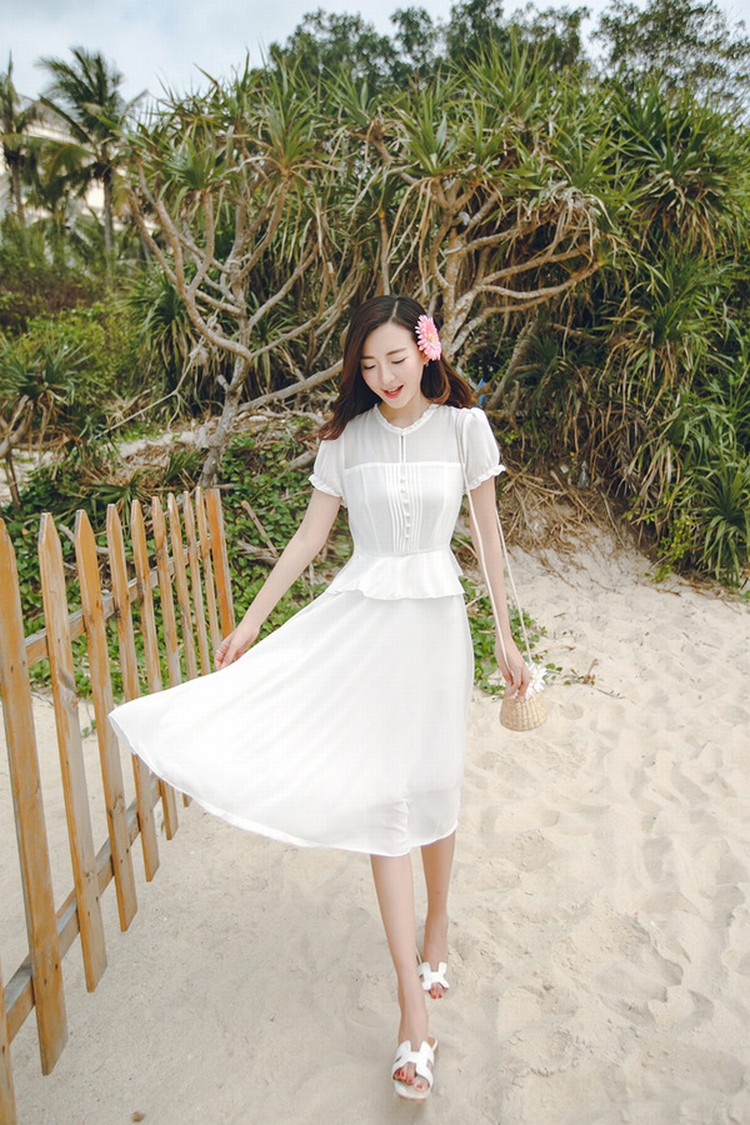 帛格2016沙滩裙夏季收腰修身显瘦泡泡袖淑女时尚气质通勤中长款雪纺