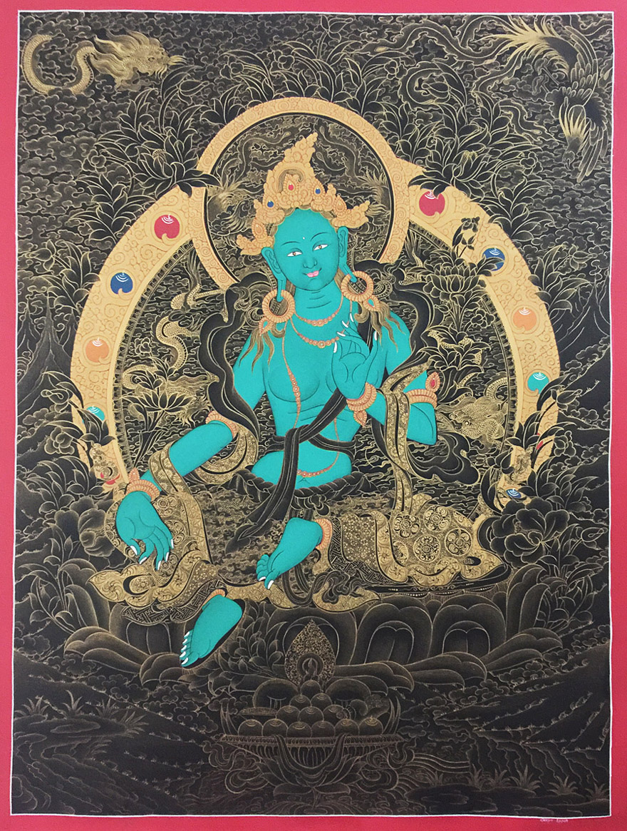 藏梅寺出品加持尼泊尔唐卡画师surya lama作品纯金绿度母独尊黑金#282