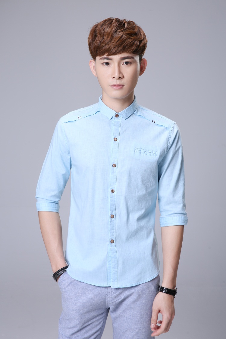 希思罗春夏男士亚麻中袖衬衫 立领衬衫 棉麻五分袖衬衫男衬衣 白色 l