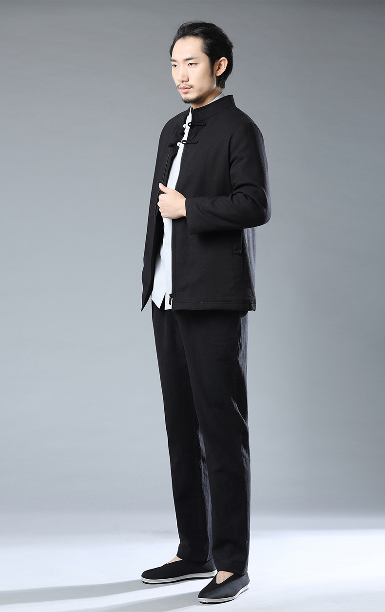 杰雅jieya唐装男棉服袄衣棉麻青中年中山装中国风保暖加厚外套冬季