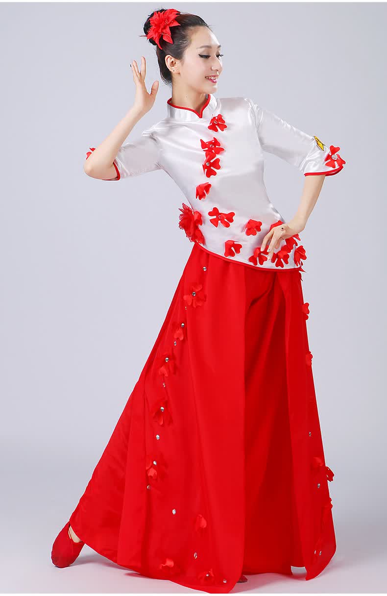 民族扇子舞演出服女东北扭秧歌服中老年古典舞蹈服装 红色 s