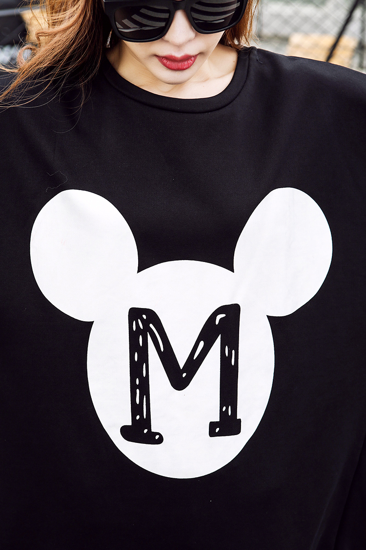 恋裳伊族2016女装韩版显瘦米奇图案短袖t恤女中长款连衣裙大码女装