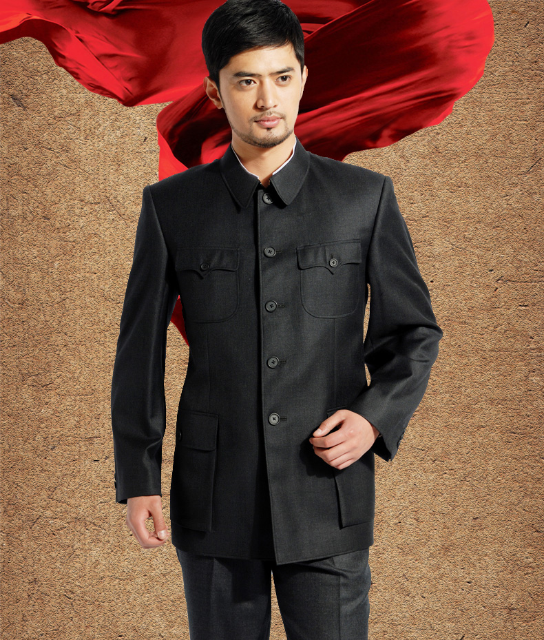 红都中山装套装进口羊毛翻领国服套装中老年中山服22655深灰色需其他