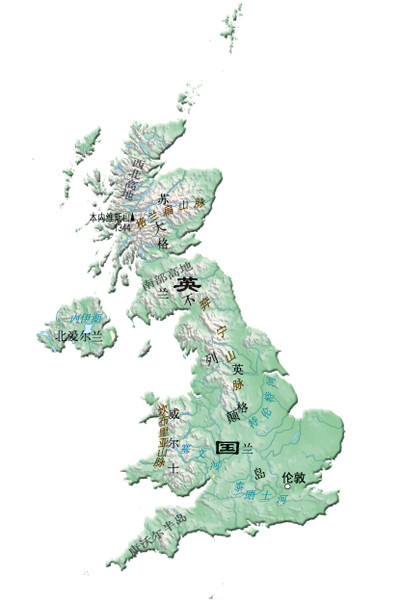 该图正面为英国的政区图,以较大比例尺详细表示了国家的四个大区,各级