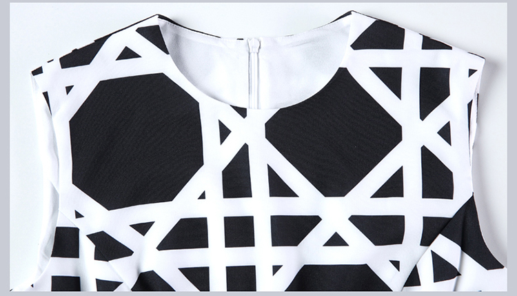 夏女装新款欧美撞色黑白几何条纹格子无袖修身a字连衣裙 黑色黑白几何