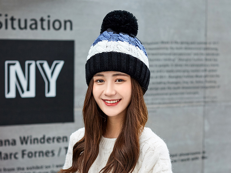 诺芝萌 毛线帽子 女士卷边针织帽 冬季加绒保暖毛球拼色毛线帽 优雅套