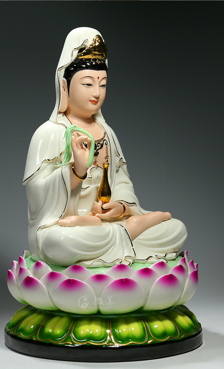 德化陶瓷多尺吋笑脸观音佛像供奉家用观世音菩萨摆件白衣彩绘 白衣