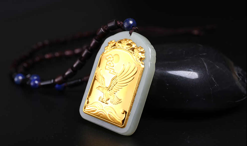 印象眸 金镶和田玉大鹏展翅吊坠男款和田玉大鹏鸟玉牌挂件