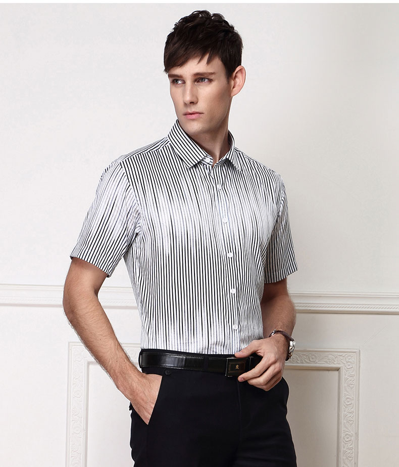 乔治白男装giuseppe夏装新品纯棉时尚渐变条纹暗花男士短袖衬衫 黑色