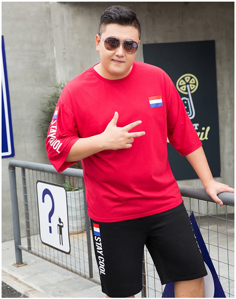 卡尔仕大码男装套装男胖子短袖t恤男加肥加肥佬胖人潮牌两件装男士