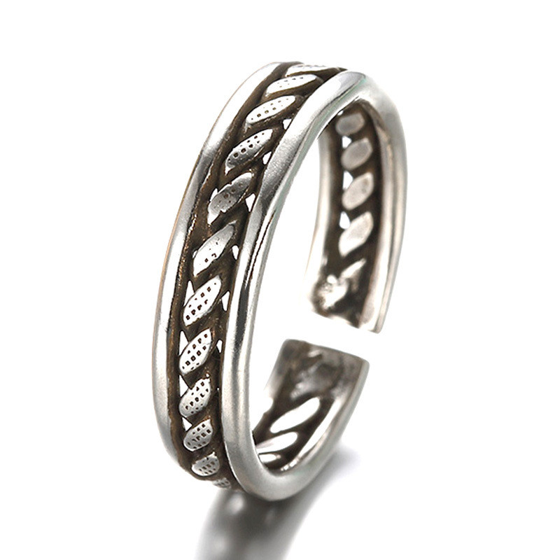 品范儿 925银尾戒复古做旧麻绳形状开口情侣戒指