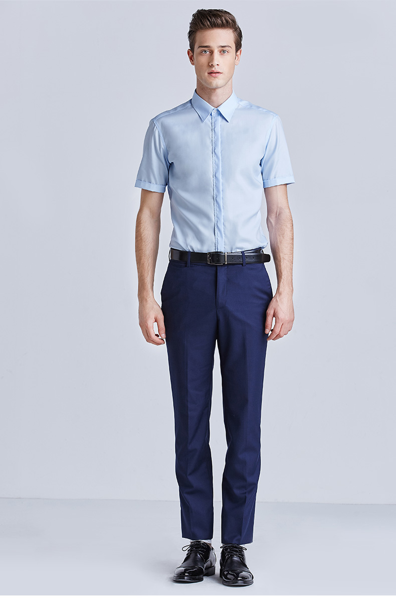 职业门 韩版男装2016夏男士蓝色短袖衬衫 薄款弹力休闲纯色短衬衣