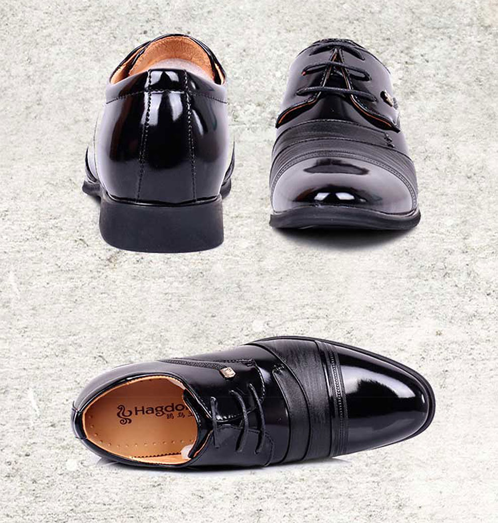 hagdon 鸥鸟王 男士漆光皮鞋商务休闲鞋正装男鞋隐形内增高7厘米 黑色