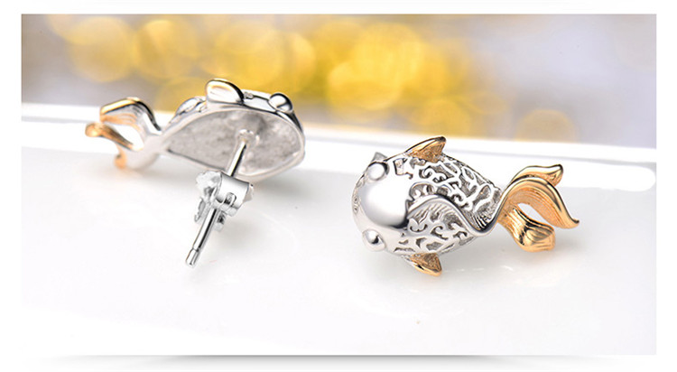 龙泽润宝 双色彩银小金鱼简约耳钉银饰品 送女友气质